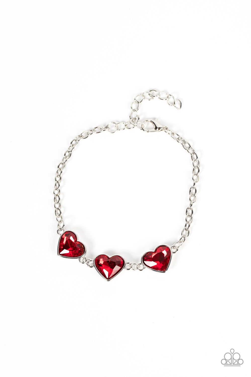 Little Heartbreaker Red Bracelet - Paparazzi Accessories  Nestled in silver frames, a trio of glittery red heart-shaped gems delicately links across the wrist for a dash of swoon-worthy shimmer. Features an adjustable clasp closure.  Sold as one individual bracelet.