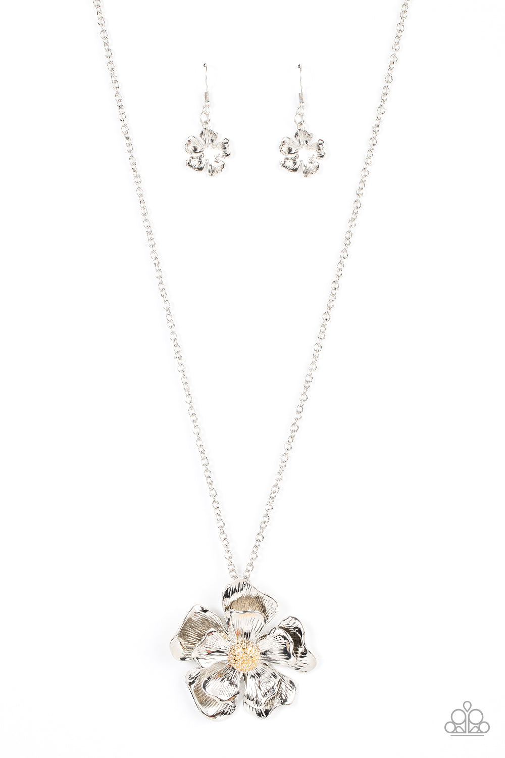 Homegrown Glamour Silver Necklace - Paparazzi Accessories  Layers of scalloped and textured silver petals bloom from a studded gold beaded center. The oversized flower swings from the bottom of an extended silver chain, resulting in an eye-catching floral pendant. Features an adjustable clasp closure.  Sold as one individual necklace. Includes one pair of matching earrings.