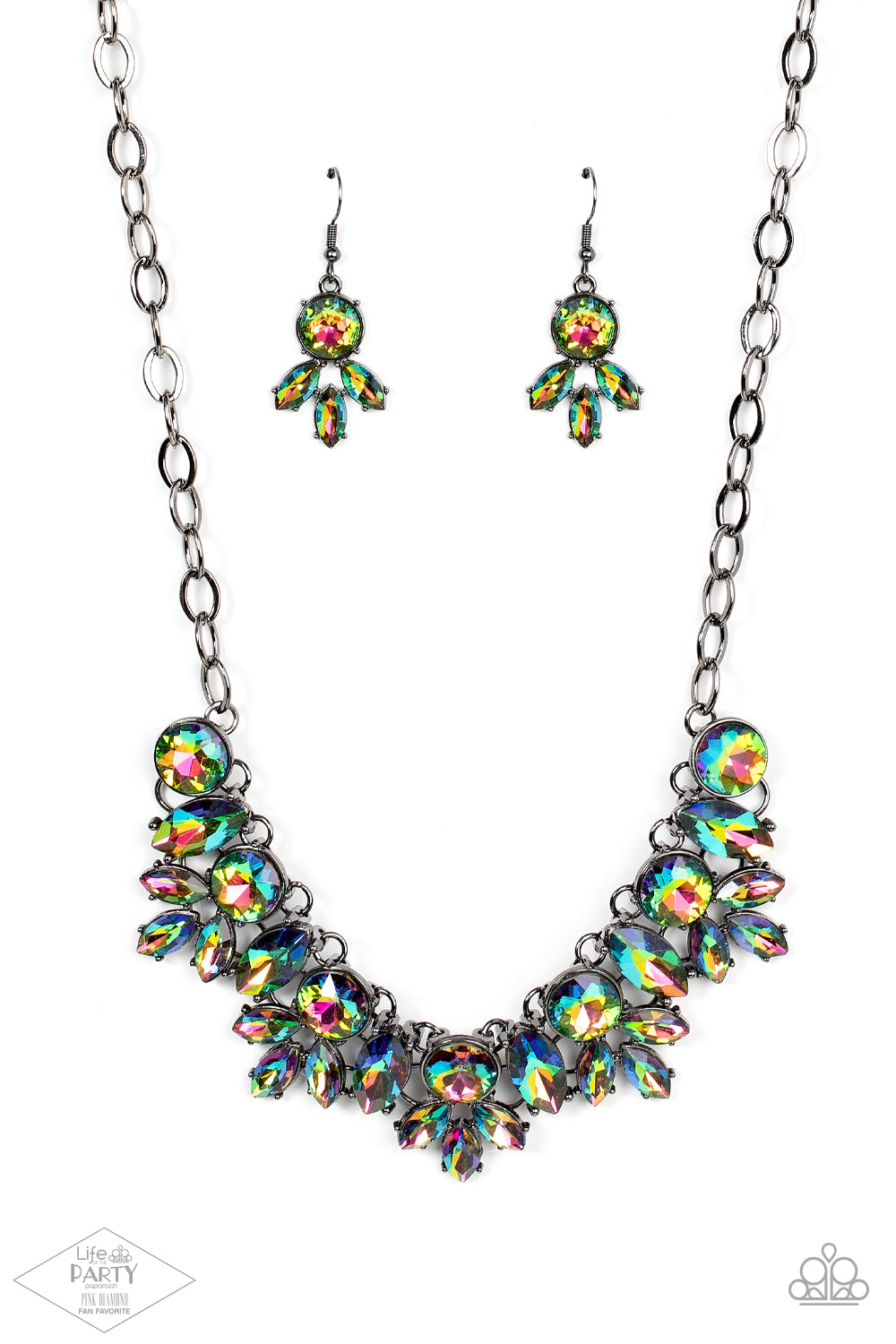 Combustible Charisma Multi Necklace - Paparazzi Accessories  A blinding series of oversized round and marquise style oil spill rhinestones dramatically link below the collar, creating a show-stopping statement piece. Features an adjustable clasp closure.  Sold as one individual necklace. Includes one pair of matching earrings. This Fan Favorite is back in the spotlight at the request of our 2021 Life of the Party member with Pink Diamond Access, Jennifer V.