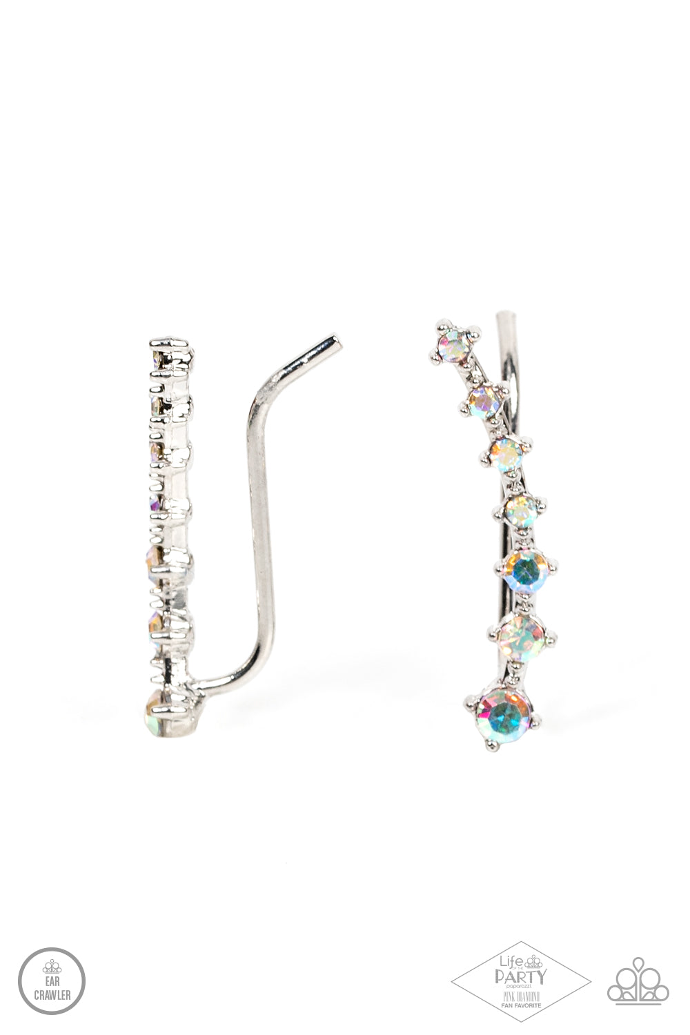 New Age Nebula Multi Ear Crawler - Paparazzi Accessories  Gradually decreasing in size, a dainty row of glittery iridescent rhinestones curve up the ear for a stellar chic look.  Sold as one pair of ear crawlers. This Fan Favorite is back in the spotlight at the request of our 2021 Life of the Party member with Pink Diamond Access, Awnya B.