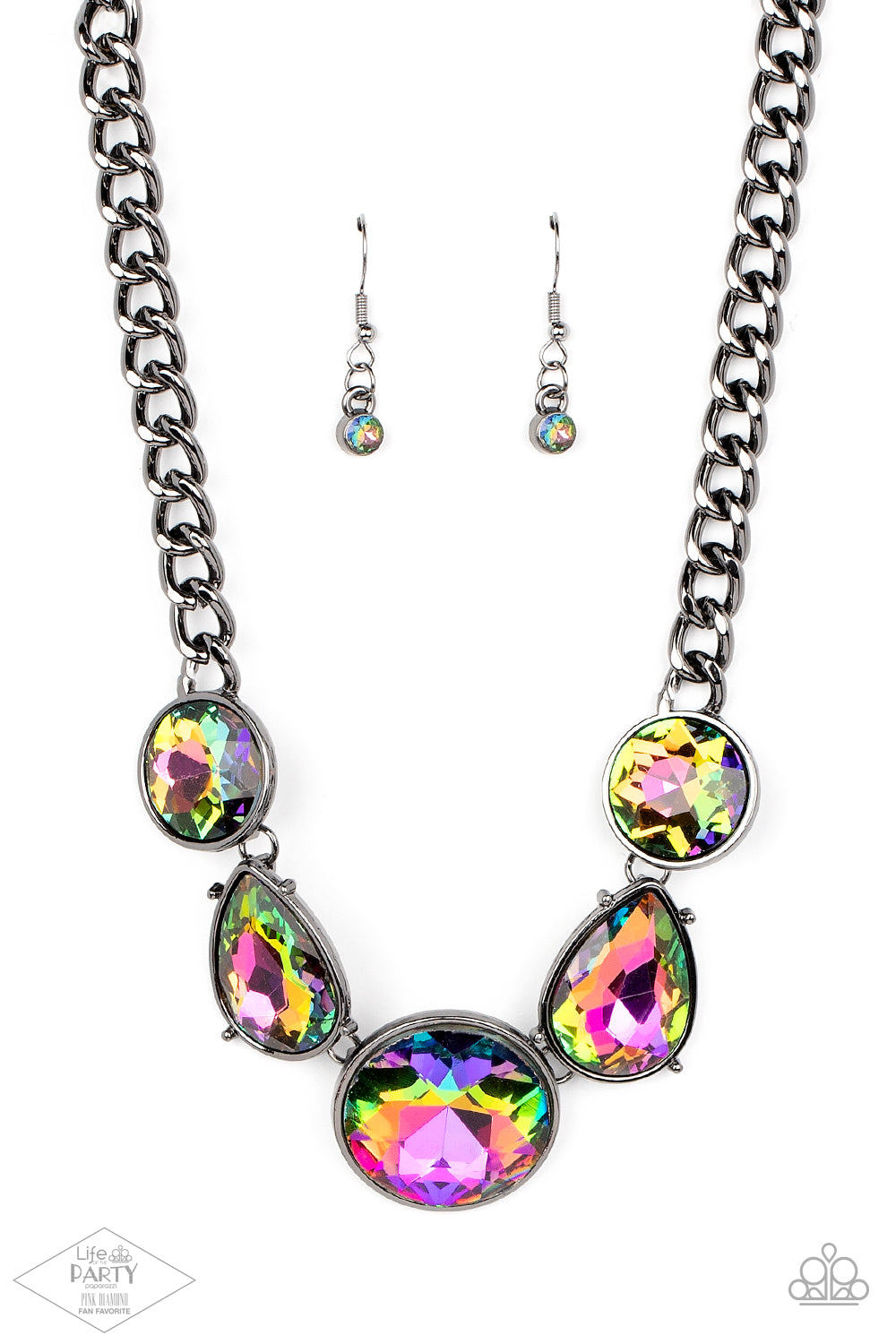 All The Worlds My Stage Multi Necklace - Paparazzi Accessories  Infused with heavy gunmetal chain, an exaggerated display of round and teardrop-shaped oil spill rhinestones connects below the collar for a blinding look. Features an adjustable clasp closure.  Sold as one individual necklace. Includes one pair of matching earrings. This Fan Favorite is back in the spotlight at the request of our 2021 Life of the Party member with Pink Diamond Access, Kathy D.