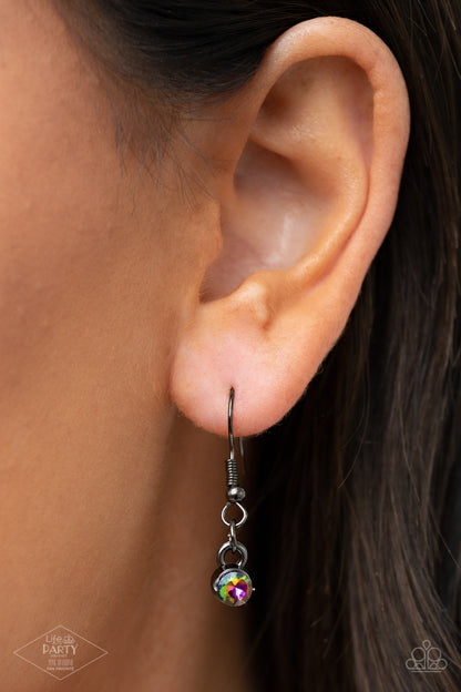 All The Worlds My Stage Multi Necklace - Paparazzi Accessories  Infused with heavy gunmetal chain, an exaggerated display of round and teardrop-shaped oil spill rhinestones connects below the collar for a blinding look. Features an adjustable clasp closure.  Sold as one individual necklace. Includes one pair of matching earrings. This Fan Favorite is back in the spotlight at the request of our 2021 Life of the Party member with Pink Diamond Access, Kathy D.