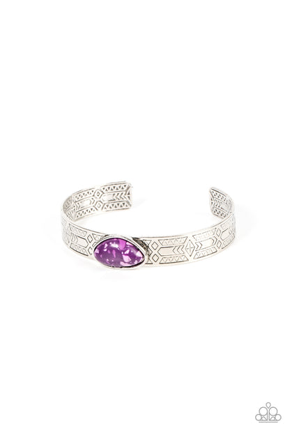 Gobi Glyphs Purple Cuff Bracelet - Paparazzi Accessories  Featuring a terrazzo finish, an asymmetrical purple stone is pressed into a silver cuff embossed in geometric texture for an artisanal finish.  Sold as one individual bracelet.