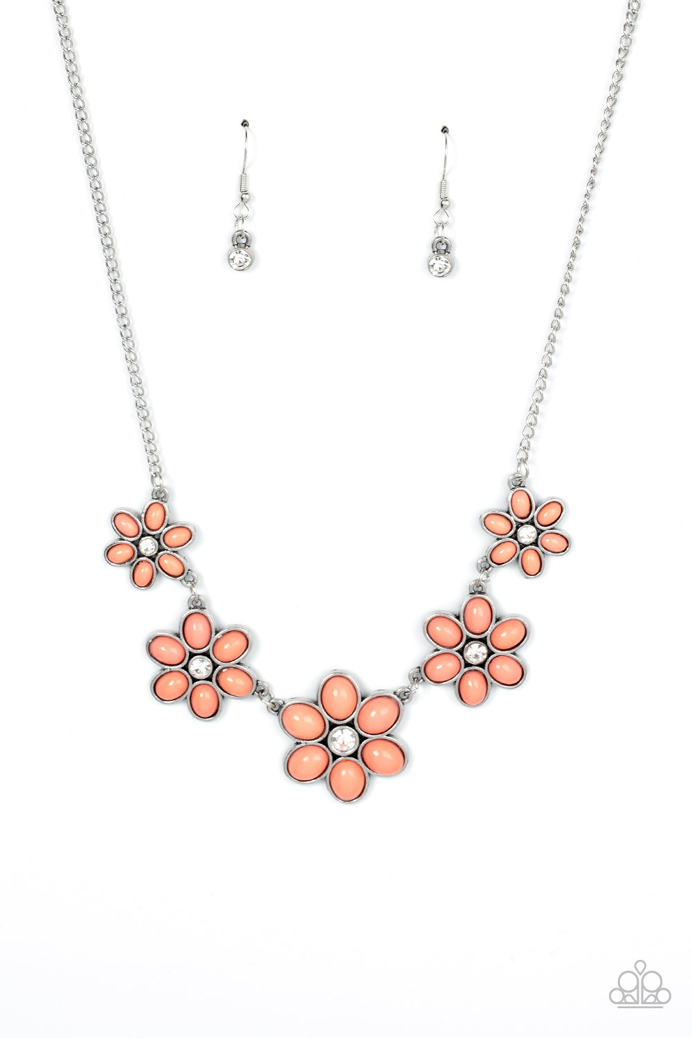 Prairie Party Orange Necklace - Paparazzi Accessories  Dotted with dainty white rhinestone centers, a flirtatious assortment of coral beaded flowers gradually increase in size as they link below the collar for a playful pop of color. Features an adjustable clasp closure.  Sold as one individual necklace. Includes one pair of matching earrings.
