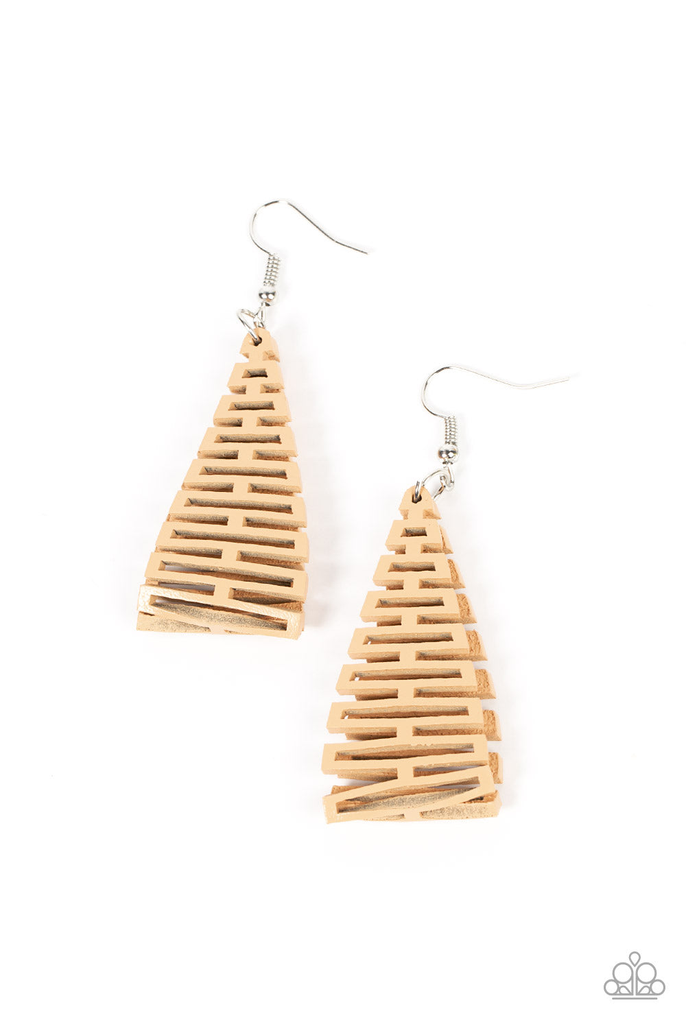 Urban Delirium Brown Leather Earring - Paparazzi Accessories  Featuring an edgy geometric cutout pattern, a stretchy piece of brown leather-like fabric delicately folds in half as it connects into a trendy frame. Earring attaches to a standard fishhook fitting.  Sold as one pair of earrings.