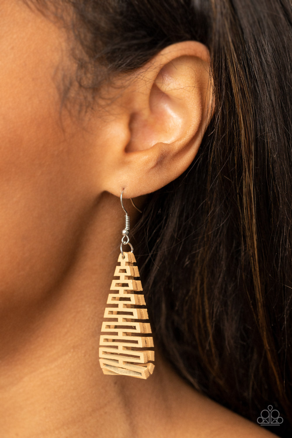 Urban Delirium Brown Leather Earring - Paparazzi Accessories  Featuring an edgy geometric cutout pattern, a stretchy piece of brown leather-like fabric delicately folds in half as it connects into a trendy frame. Earring attaches to a standard fishhook fitting.  Sold as one pair of earrings.