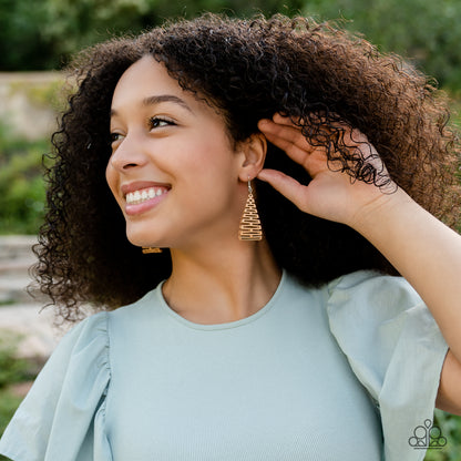 Urban Delirium Brown Leather Earring - Paparazzi Accessories  Featuring an edgy geometric cutout pattern, a stretchy piece of brown leather-like fabric delicately folds in half as it connects into a trendy frame. Earring attaches to a standard fishhook fitting.  Sold as one pair of earrings.