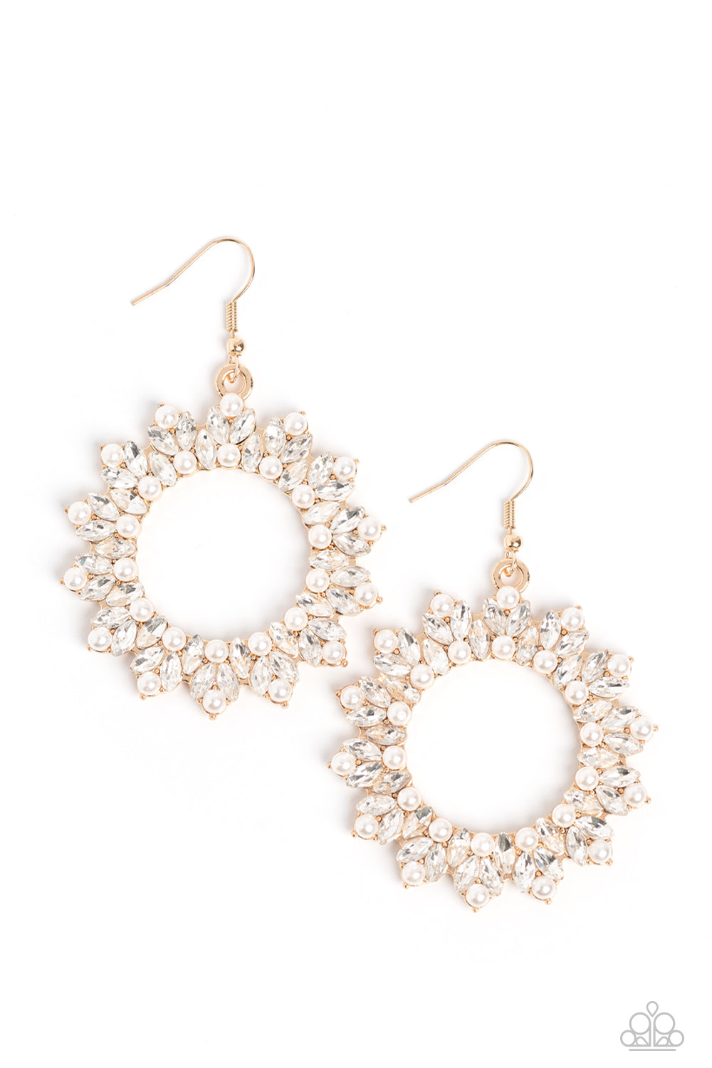 Combustible Couture Gold Earring - Paparazzi Accessories   A bubbly collection of dainty white pearls and marquise-cut rhinestones explodes across the front of a gold wreath, resulting in jaw-dropping dazzle. Earring attaches to a standard fishhook fitting.  Sold as one pair of earrings.