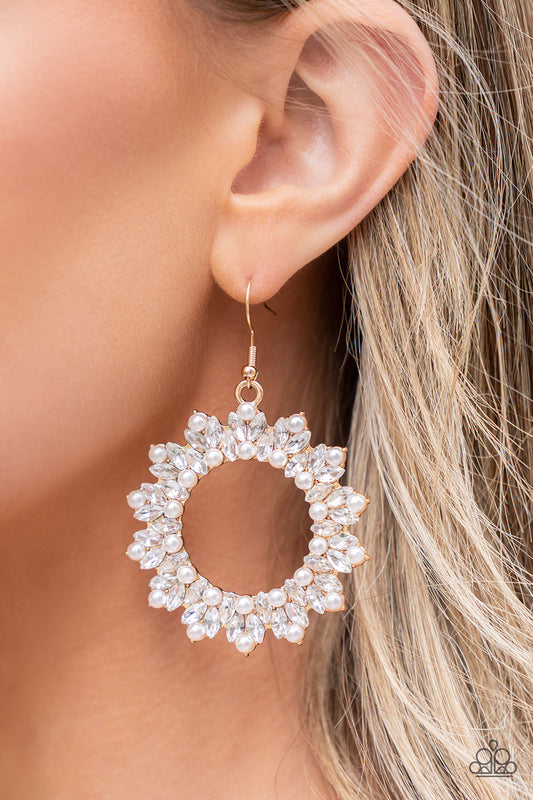 Combustible Couture Gold Earring - Paparazzi Accessories   A bubbly collection of dainty white pearls and marquise-cut rhinestones explodes across the front of a gold wreath, resulting in jaw-dropping dazzle. Earring attaches to a standard fishhook fitting.  Sold as one pair of earrings.