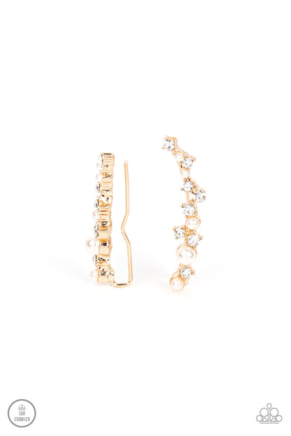 Couture Crawl Gold Ear Crawler Earring - Paparazzi Accessories  A bubbly assortment of dainty white rhinestones and white pearls gently climbs the ear for a timeless fashion statement. Features an extended post fitting that climbs the back of the ear and can be pressed together for a more secure fit.  Sold as one pair of ear crawlers.