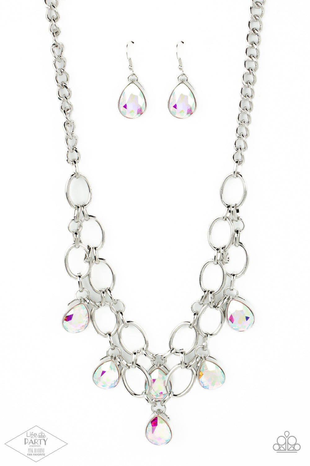 Show-Stopping Shimmer Multi Necklace - Paparazzi Accessories  Joined by dainty silver links, two rows of dramatic silver chain layer below the collar in a fierce fashion. Iridescent teardrop gems drip from the glistening layers, adding a timeless shimmer to the show-stopping piece. Features an adjustable clasp closure. Includes one pair of matching earrings. This Fan Favorite is back in the spotlight at the request of our 2021 Life of the Party member with Pink Diamond Access, Karla N.