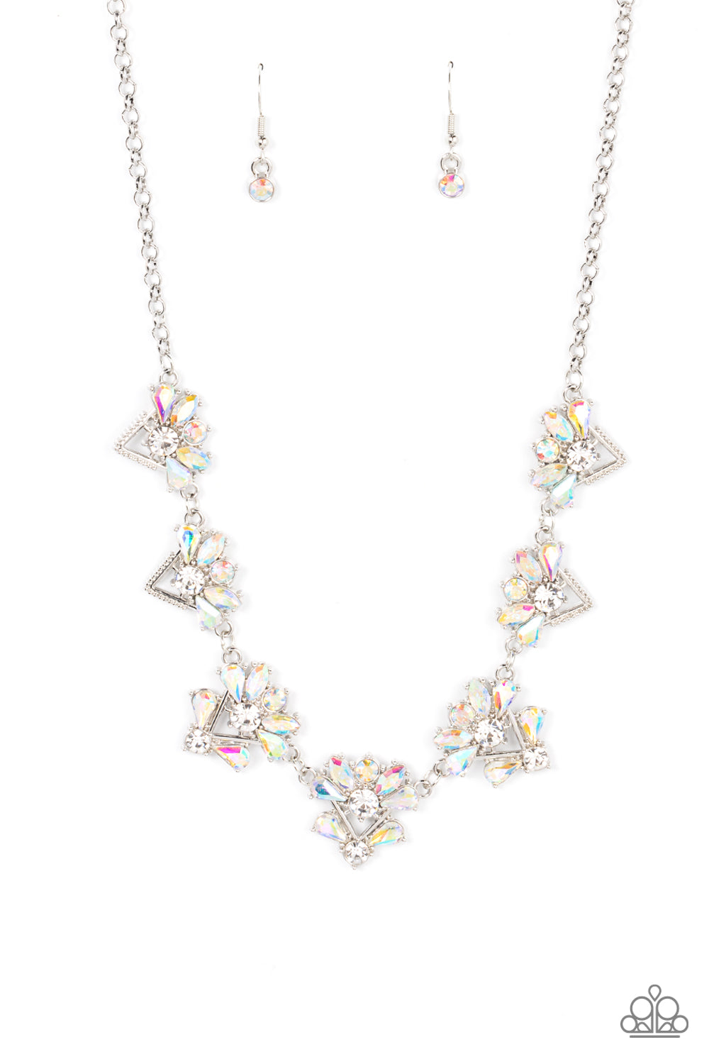 Extragalactic Extravagance Multi Necklace - Paparazzi Accessories  Featuring a stellar radiance, clusters of teardrop and marquise cut iridescent rhinestones fan out from white rhinestone centers along the tops of studded and pronged triangular frames. The centermost frames feature embellished bottoms, adding an extra splash of cosmic iridescence as the celestial frames link into an out-of-this-world sparkle below the collar. Features an adjustable clasp closure. Includes one pair of matching earrings.