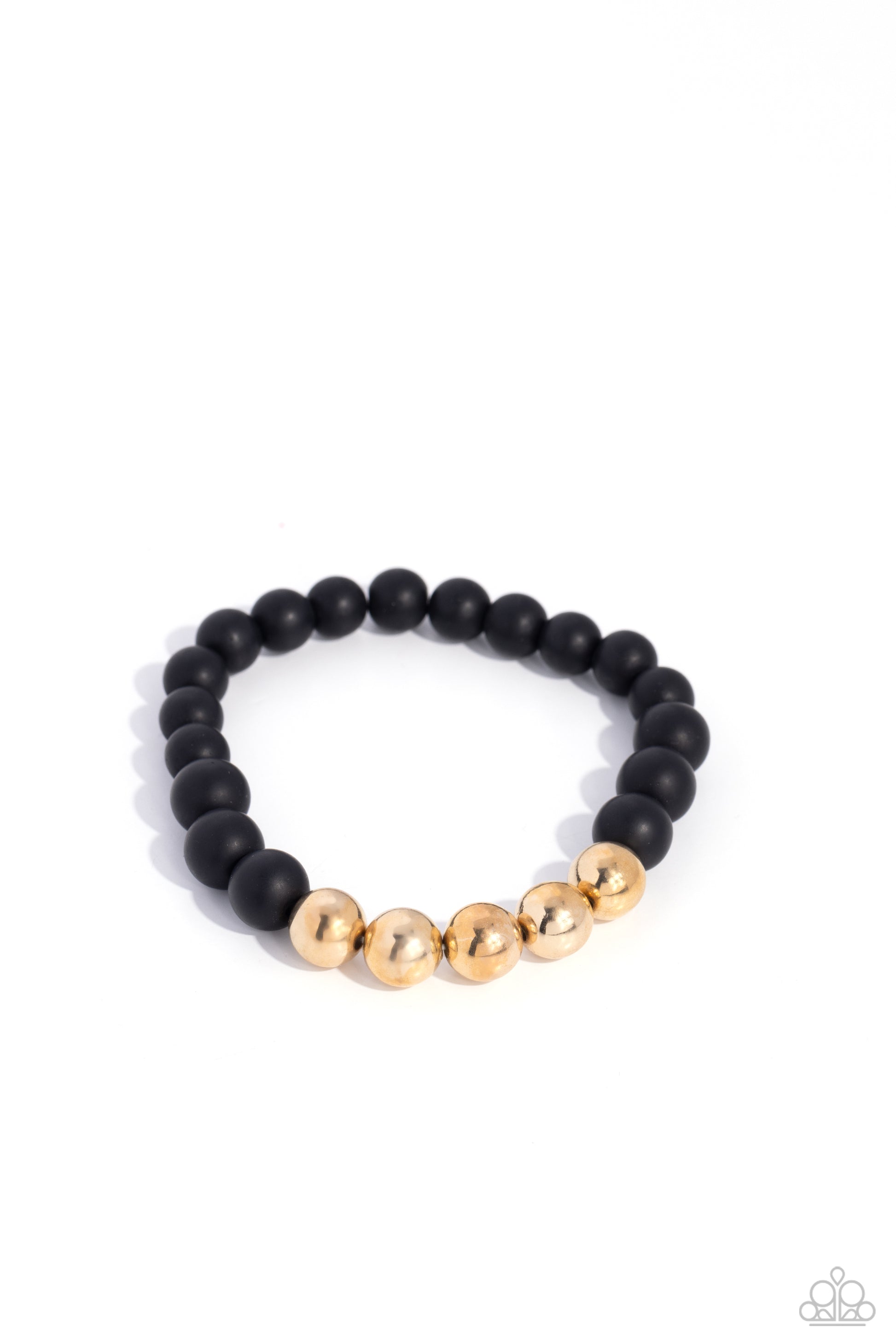 METALHEAD in the Clouds Gold Unisex Bracelet - Paparazzi Accessories  A section of gold beads joins polished black stone beads along stretchy bands around the wrist, resulting in a metallic edge.  Sold as one individual bracelet.  P9SE-URGD-033XX