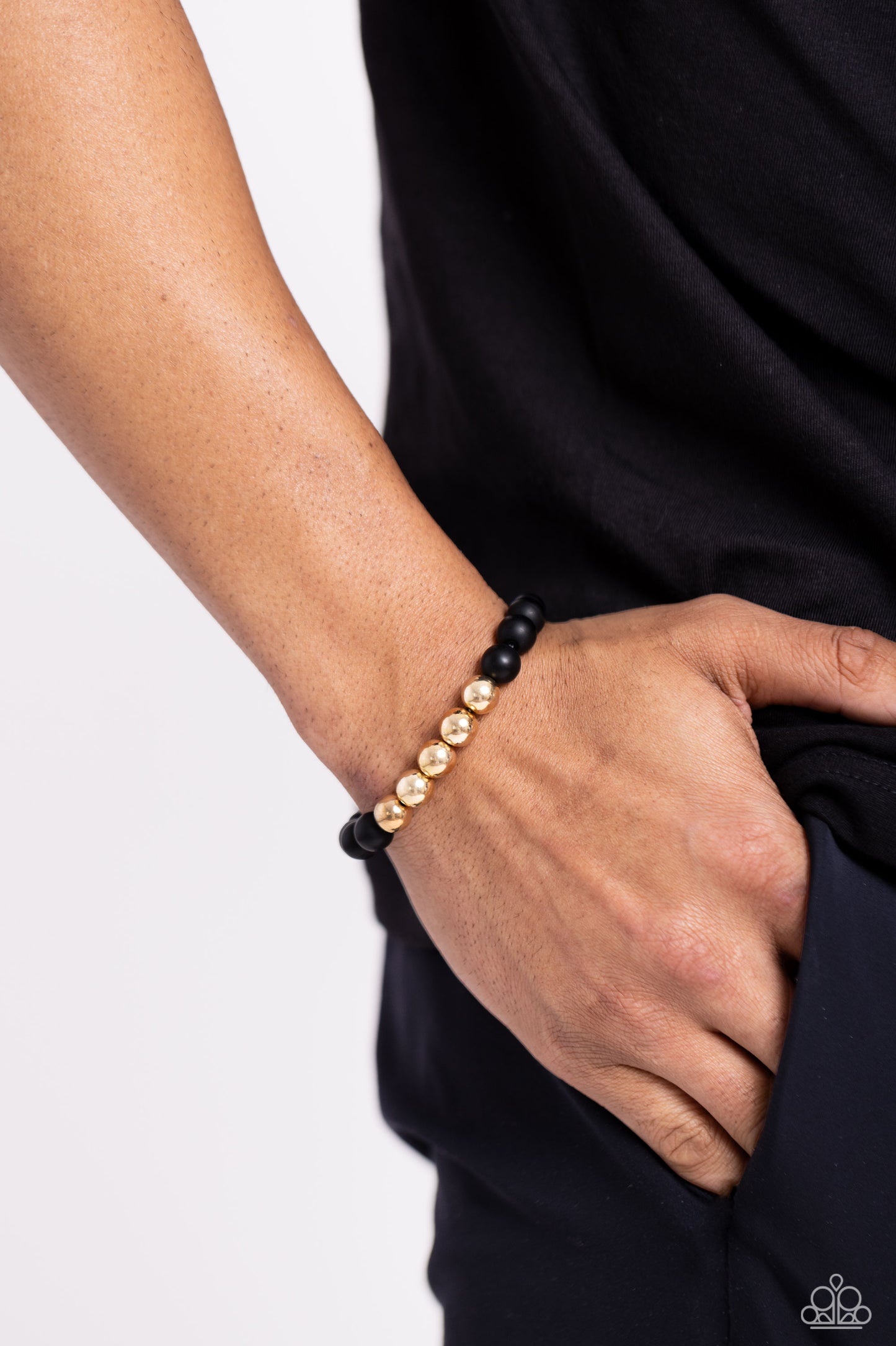 METALHEAD in the Clouds Gold Unisex Bracelet - Paparazzi Accessories  A section of gold beads joins polished black stone beads along stretchy bands around the wrist, resulting in a metallic edge.  Sold as one individual bracelet.  P9SE-URGD-033XX