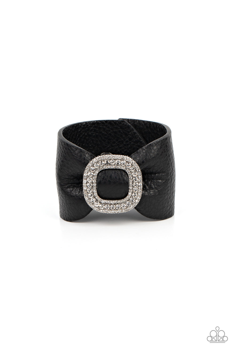 Lights, SELFIE, Action! Black Wrap Bracelet - Paparazzi Accessories  A thick black pleather band delicately knots around the wrist. Stacked with brilliant white rhinestones, a dramatic silver buckle sparkles at the center of the wrist for a dramatic finish. Features an adjustable snap closure.  Sold as one individual bracelet.