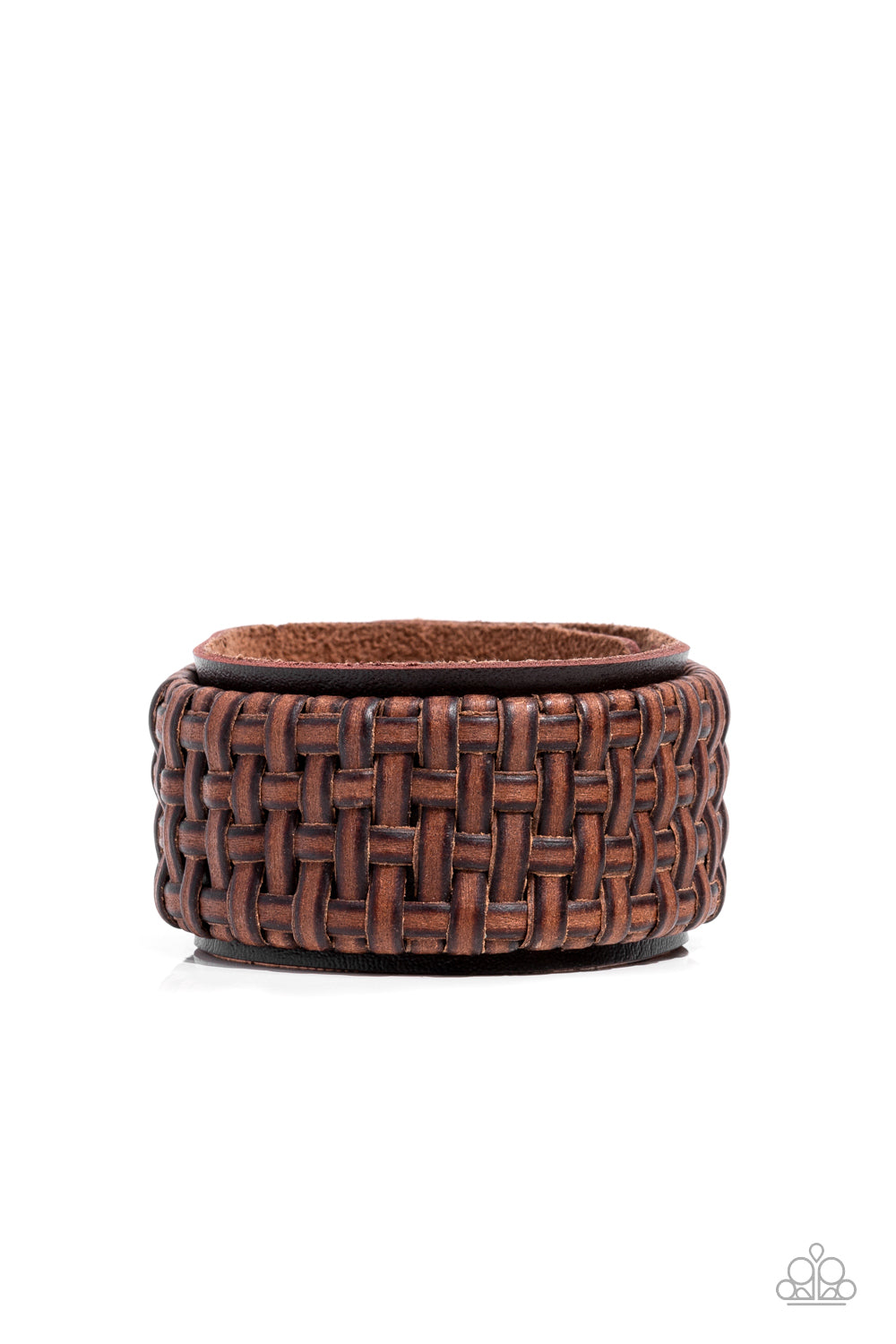Urban Expansion Brown Wrap Bracelet - Paparazzi Accessories   Distressed leather laces weave into a wicker-like pattern, creating a thick band of texture that wraps around a leather band. The textured overlay is studded in place across the front of the brown leather band, resulting in a rustic centerpiece. Features an adjustable snap closure.  Sold as one individual bracelet.