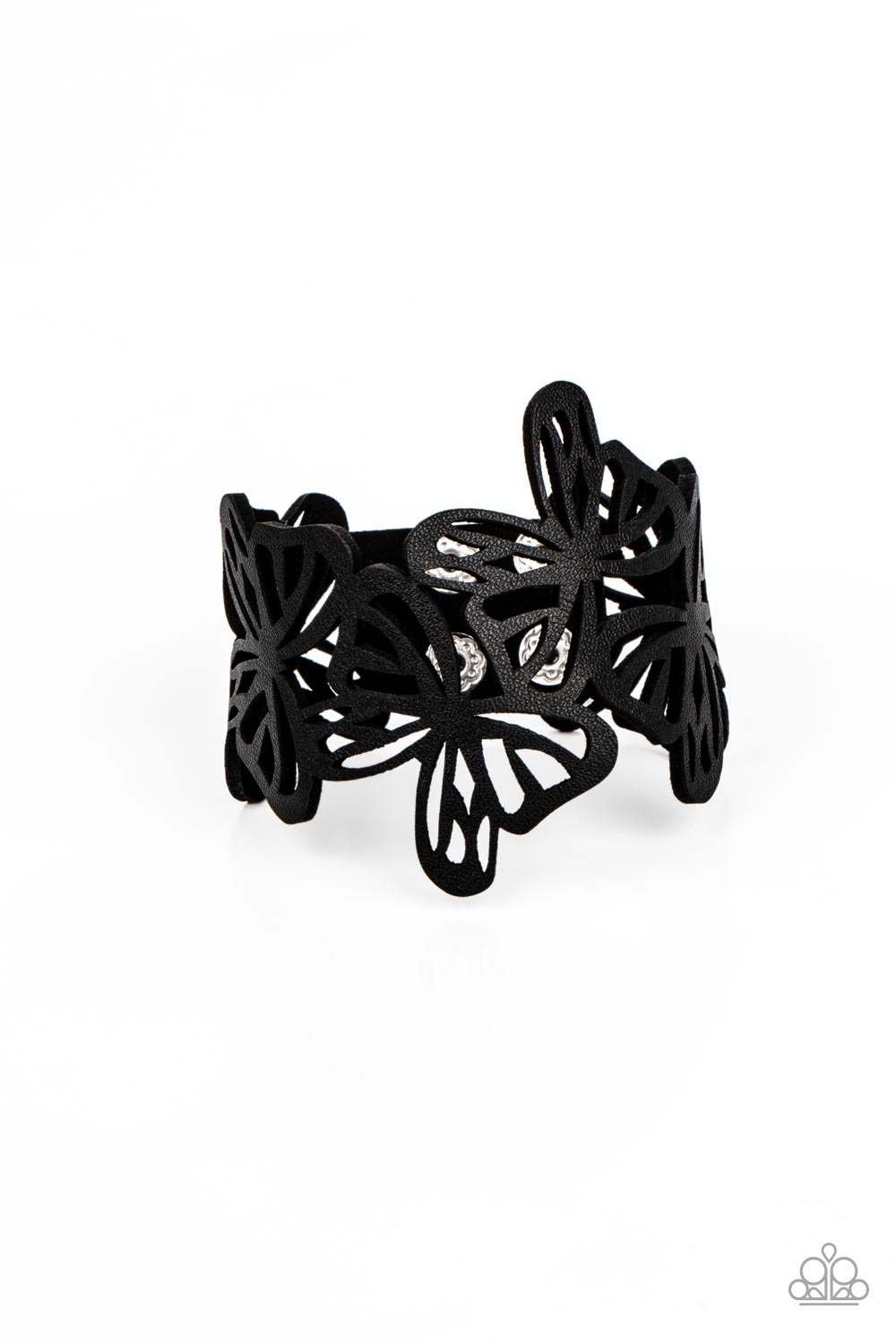 Butterfly Breeze Black Wrap Bracelet - Paparazzi Accessories  Featuring an airy stenciled pattern, black leather butterflies flutter across the wrist as they delicately connect into a rustic centerpiece. Features an adjustable snap closure.  Sold as one individual bracelet.