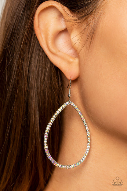 Black Tie Optional Multi Earring - Paparazzi Accessories  Iridescent rhinestones are encrusted across the front of a slightly beveled silver teardrop, exploding into a palpable sparkle. Earring attaches to a standard fishhook fitting. Due to its prismatic palette, color may vary.  Sold as one pair of earrings.