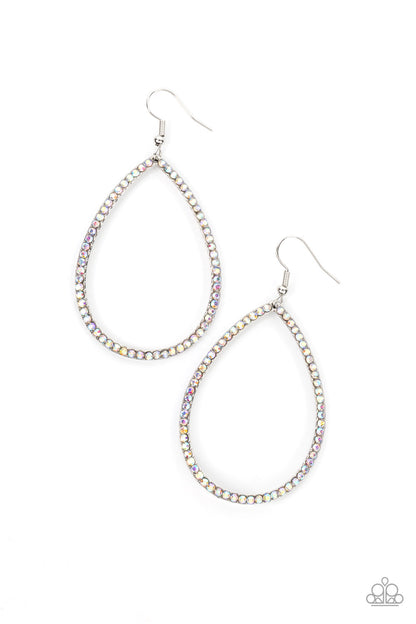 Black Tie Optional Multi Earring - Paparazzi Accessories  Iridescent rhinestones are encrusted across the front of a slightly beveled silver teardrop, exploding into a palpable sparkle. Earring attaches to a standard fishhook fitting. Due to its prismatic palette, color may vary.  Sold as one pair of earrings.