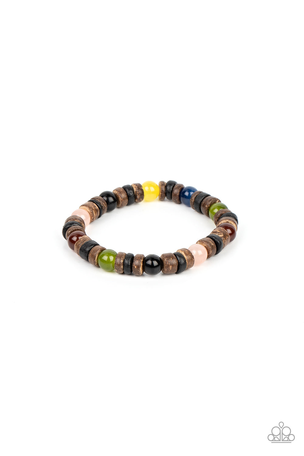 Durango Drifter Multi Bracelet - Paparazzi Accessories  Glassy multicolored stone beads join trios of black and brown wooden discs along stretchy bands around the wrist, resulting in an earthy pop of color.  Sold as one individual bracelet.