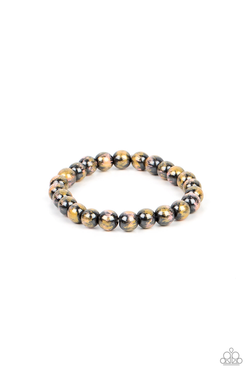 Astro Artistry Pink Bracelet - Paparazzi Accessories  Speckled in gold and pink paint, shiny gunmetal beads are threaded along stretchy bands around the wrist for a stellar effect.  Sold as one individual bracelet.