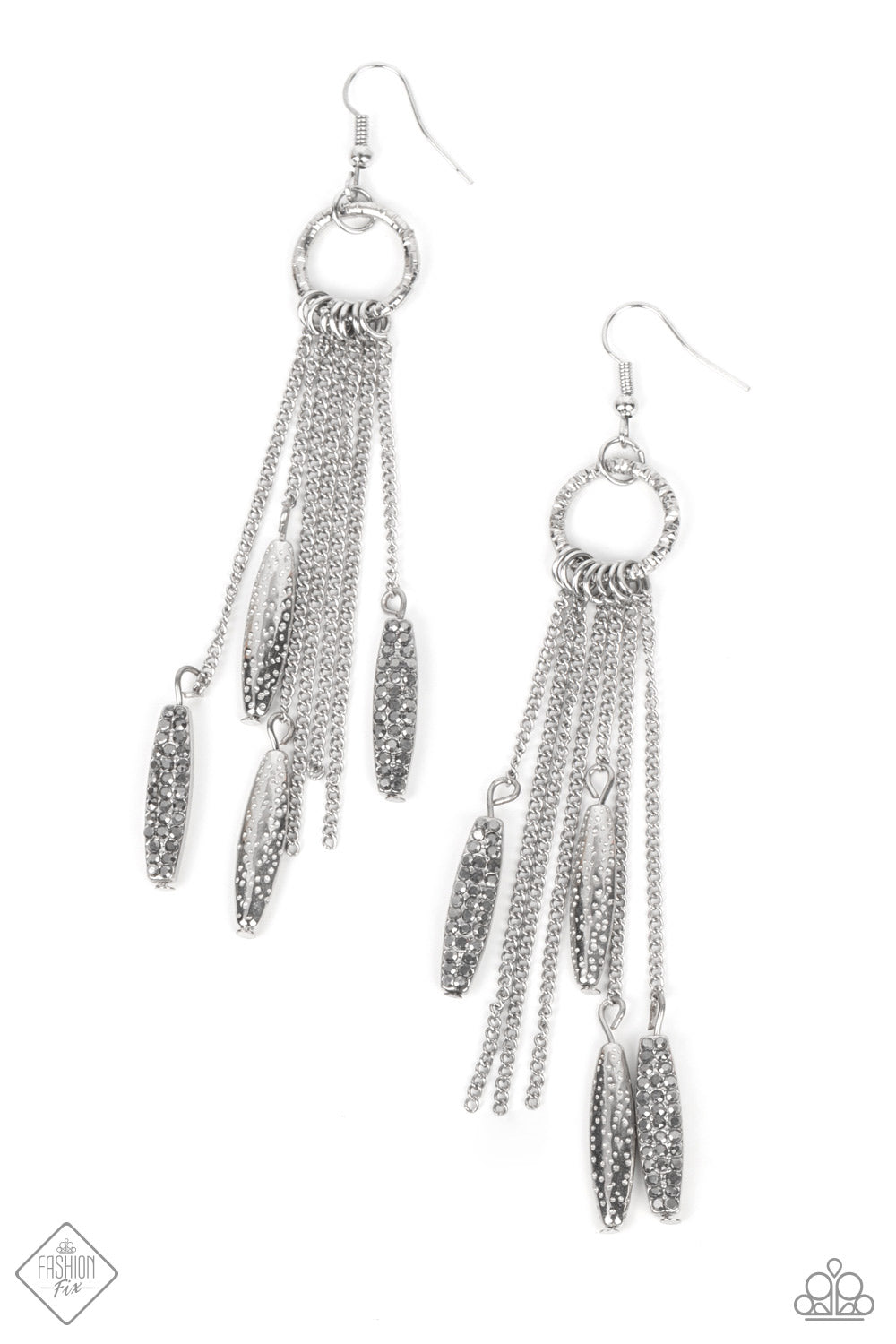 Thrifty Tassel Silver Earring - Paparazzi Accessories  A small circle finished with a serrated texture gives way to a flirty fringe of dainty chains and metallic accents. The metallic accents are encrusted in dainty hematite rhinestones and dotted texture, creating a sassy lure. Earring attaches to a standard fishhook fitting.  Sold as one pair of earrings.