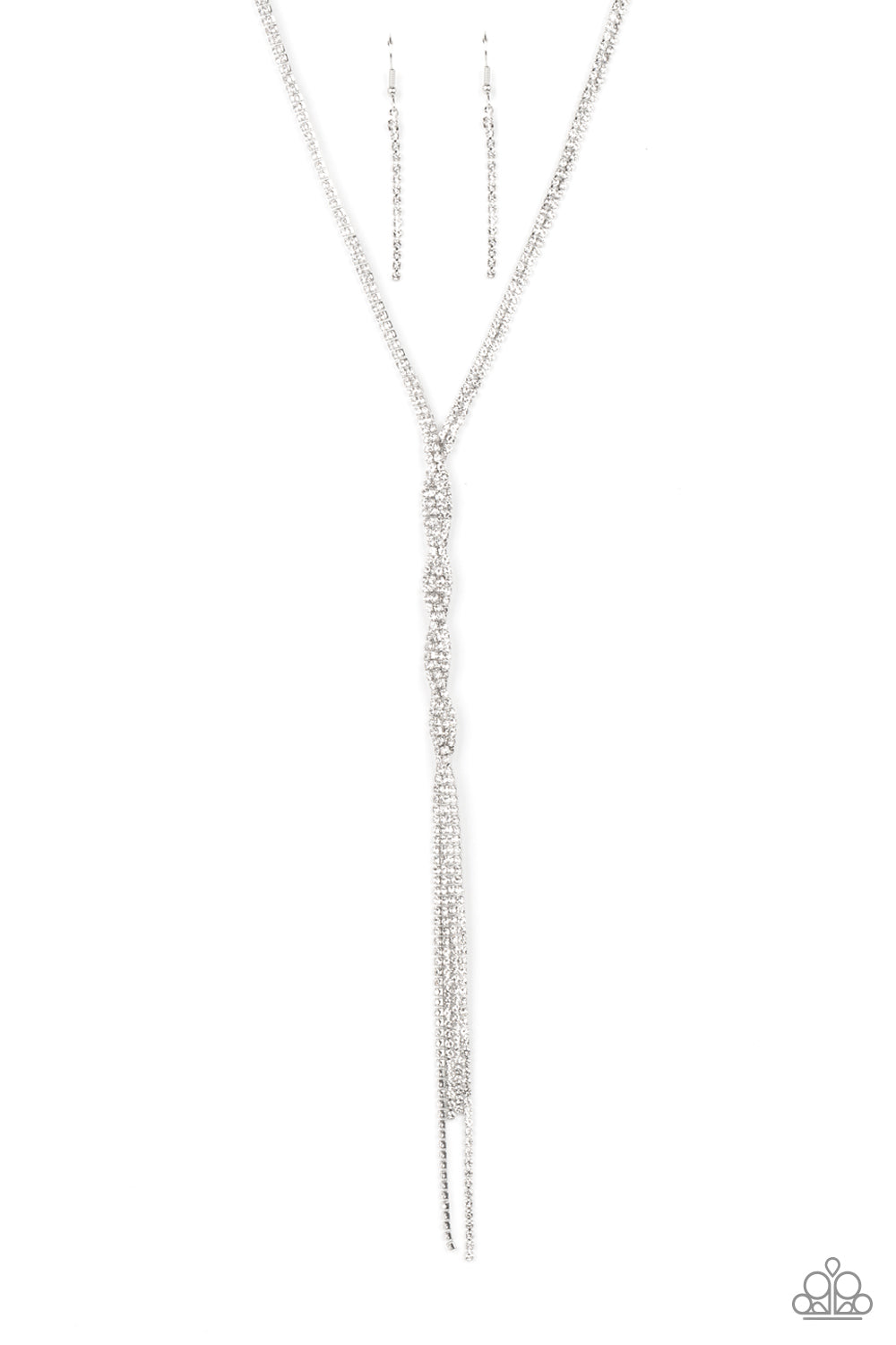 Impressively Icy White Necklace - Paparazzi Accessories  Silvery ribbons of glassy white rhinestones loop around the neck and delicately twist into an icy tassel down the chest. Features an adjustable clasp closure.  Sold as one individual necklace. Includes one pair of matching earrings.
