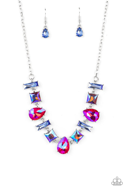 Interstellar Ice Pink Necklace - Paparazzi Accessories  Featuring glassy, iridescent, and oil spill finishes, a mismatched collection of emerald cut blue, square multicolored, and teardrop pink gems delicately connects below the collar for a stellar statement. Features an adjustable clasp closure.  Sold as one individual necklace. Includes one pair of matching earrings.