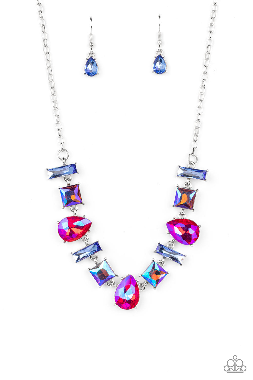 Interstellar Ice Pink Necklace - Paparazzi Accessories  Featuring glassy, iridescent, and oil spill finishes, a mismatched collection of emerald cut blue, square multicolored, and teardrop pink gems delicately connects below the collar for a stellar statement. Features an adjustable clasp closure.  Sold as one individual necklace. Includes one pair of matching earrings.