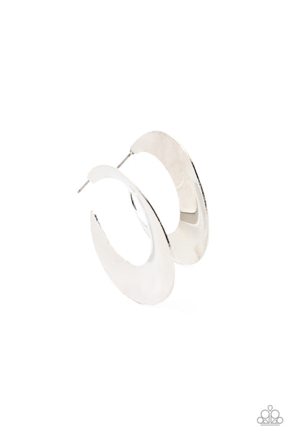 Power Curves Silver Hoop Earring - Paparazzi Accessories  A flat silver hoop widens and bevels at the center, curving into a dramatic shimmer. Earring attaches to a standard post fitting. Hoop measures approximately 2" in diameter.  Sold as one pair of hoop earrings.
