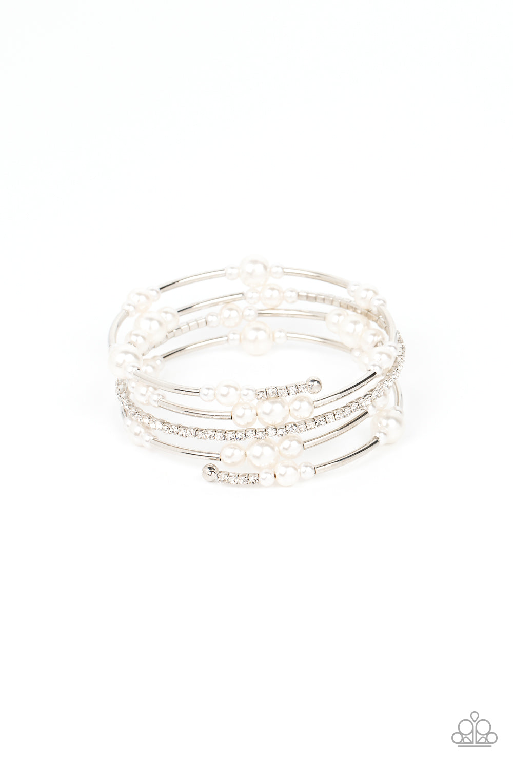 Marina Masterpiece White Bracelet - Paparazzi Accessories  Bubbly white pearls, cylindrical silver beads, and glassy white rhinestones are threaded along a coiled wire, resulting in a timeless infinity wrap bracelet around the wrist.  Sold as one individual bracelet.