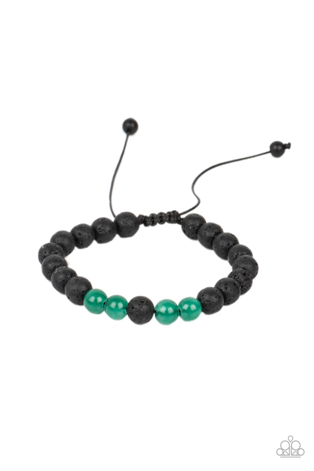 Alternative Rock Green Pull-Tie Bracelet - Paparazzi Accessories  An earthy collection of black lava rock and jade stone beads are threaded along a black cord around the wrist, resulting in a seasonal pop of color. Features an adjustable sliding knot closure.  Sold as one individual bracelet.