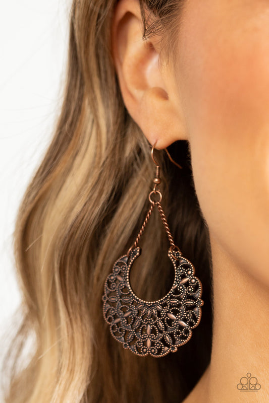 Country Cornucopia Copper Earring - Paparazzi Accessories  Suspended by two dainty copper chains, a scalloped copper half moon frame is abloom with a leafy and studded floral motif for a rustic flair. Earring attaches to a standard fishhook fitting.  Sold as one pair of earrings.  P5WH-CPXX-168XX