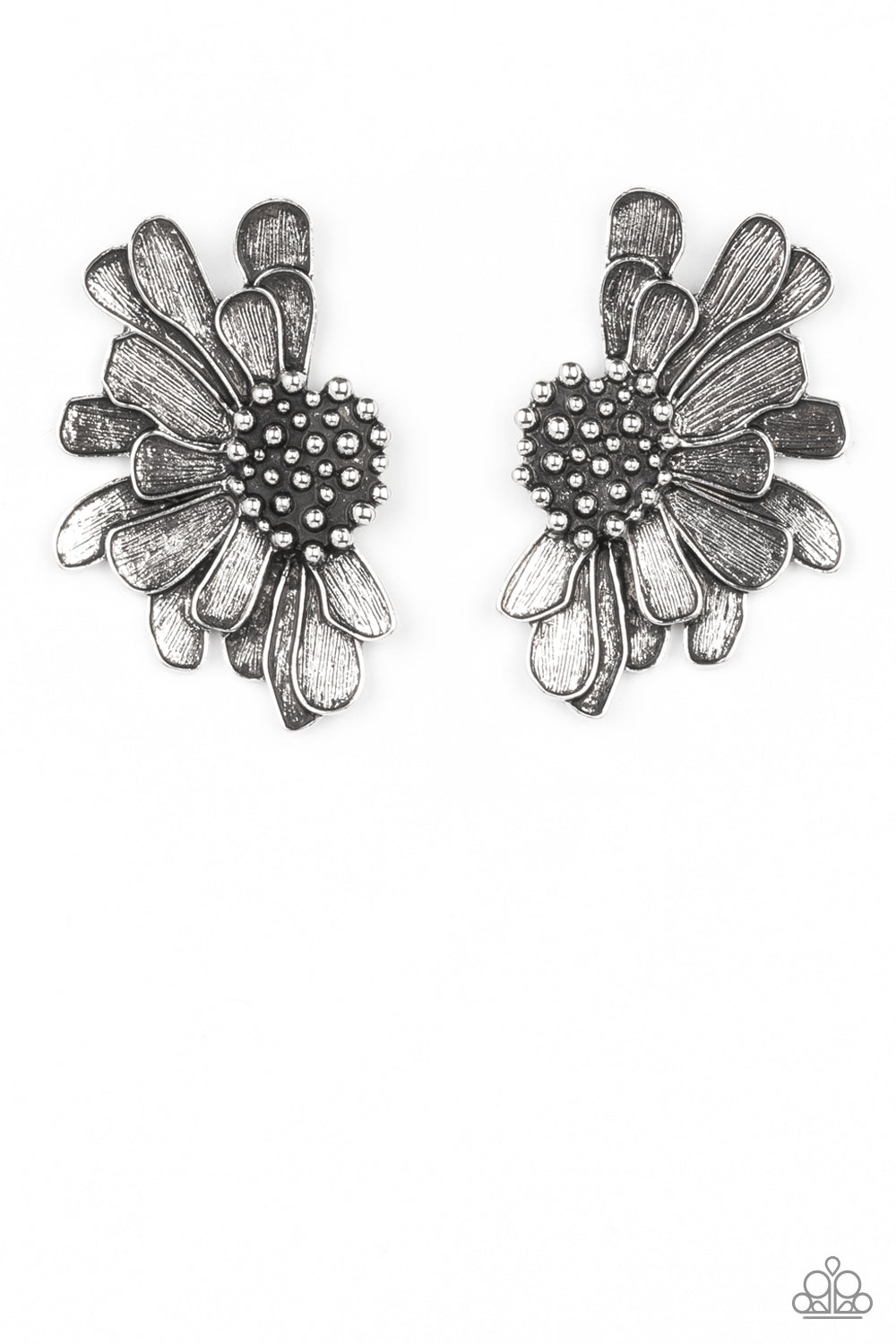Farmstead Meadow Silver Earring - Paparazzi Accessories  Imperfect silver petals bloom from a studded center, layering into a rustic half blossom for a whimsical flair. Earring attaches to a standard post fitting.  Sold as one pair of post earrings.