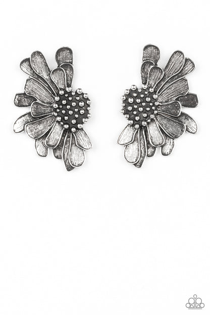 Farmstead Meadow Silver Earring - Paparazzi Accessories  Imperfect silver petals bloom from a studded center, layering into a rustic half blossom for a whimsical flair. Earring attaches to a standard post fitting.  Sold as one pair of post earrings.