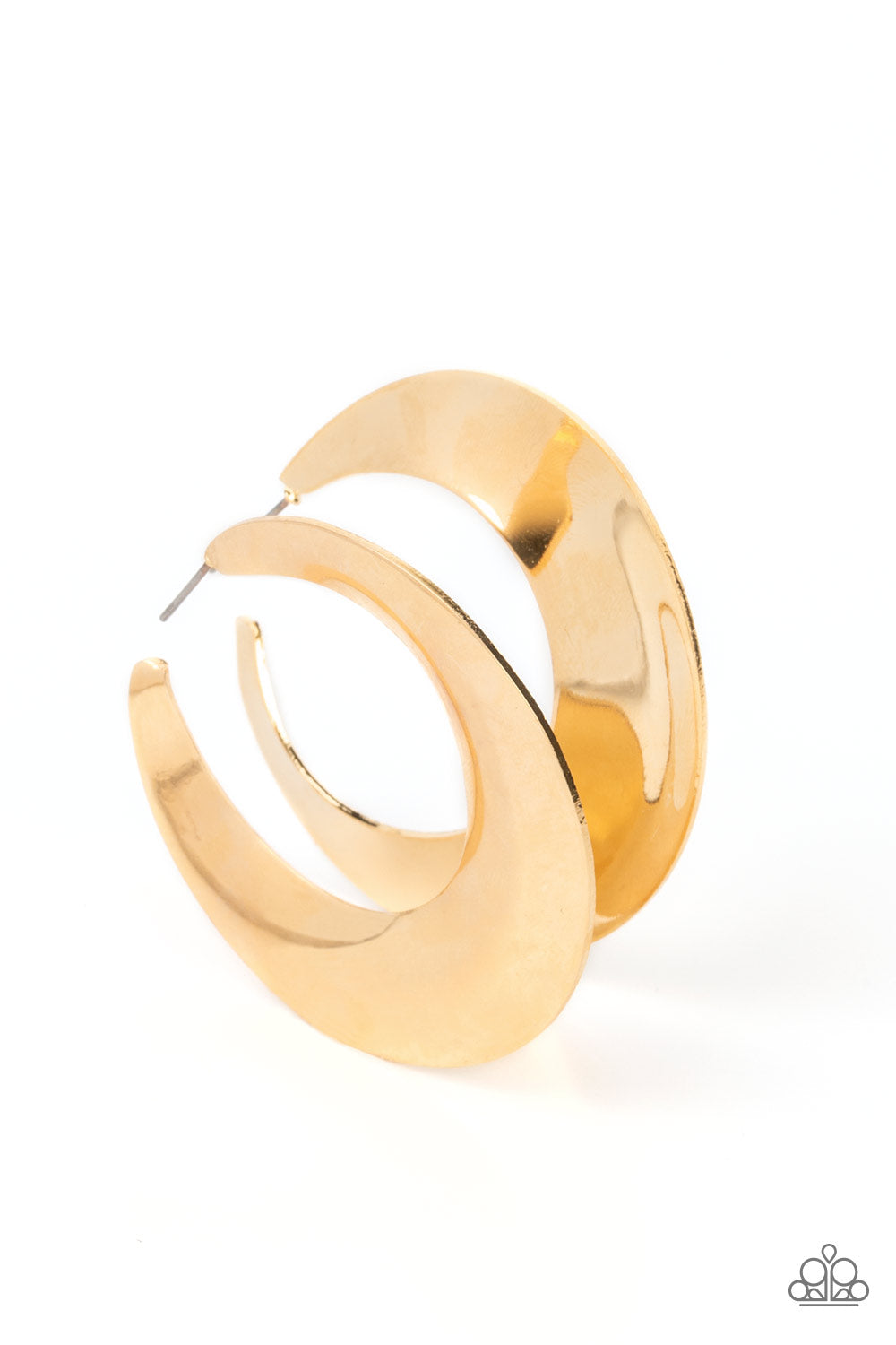 Power Curves Gold Hoop Earring - Paparazzi Accessories  A flat gold hoop widens and bevels at the center, curving into a dramatic shimmer. Earring attaches to a standard post fitting. Hoop measures approximately 2" in diameter.  Sold as one pair of hoop earrings.