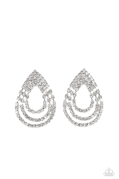Take a POWER Stance White Post Earring - Paparazzi Accessories   Loops of glassy white rhinestones ripple out from the bottom of a stationary triangular fitting that is dotted in glittery white rhinestones, resulting in a timeless teardrop chandelier. Earring attaches to a standard post fitting.  Sold as one pair of post earrings.