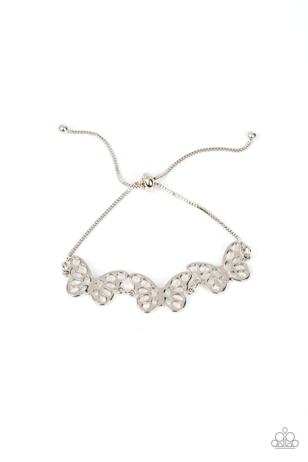 Put a WING on It Silver Bracelet - Paparazzi Accessories  Featuring airy stenciled cutouts, three silver butterflies delicately connect at the center of a silver box chain for a whimsical fashion. Features an adjustable sliding bead closure.  Sold as one individual bracelet.