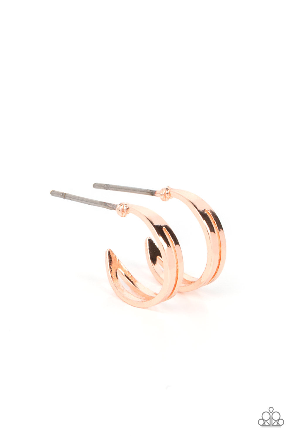SMALLEST of Them All Rose Gold Hoop Earring - Paparazzi Accessories  Two flat rose gold bars delicately curve into a single hoop, creating a dainty layered look. Earring attaches to a standard post fitting. Hoop measures approximately 1/2" in diameter.  Sold as one pair of hoop earrings.