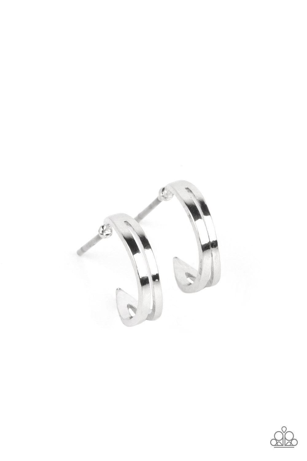 SMALLEST of Them All Silver Hoop Earring - Paparazzi Accessories  Two flat silver bars delicately curve into a single hoop, creating a dainty layered look. Earring attaches to a standard post fitting. Hoop measures approximately 1/2" in diameter.  Sold as one pair of hoop earrings.