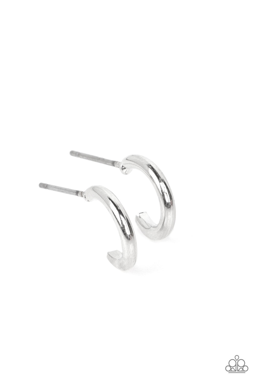Skip the Small Talk Silver Hoop Earring - Paparazzi Accessories  A shiny silver bar curves into a classic hoop, creating a dainty peek of shimmer. Earring attaches to a standard post fitting. Hoop measures approximately 1/2" in diameter.  Sold as one pair of hoop earrings.