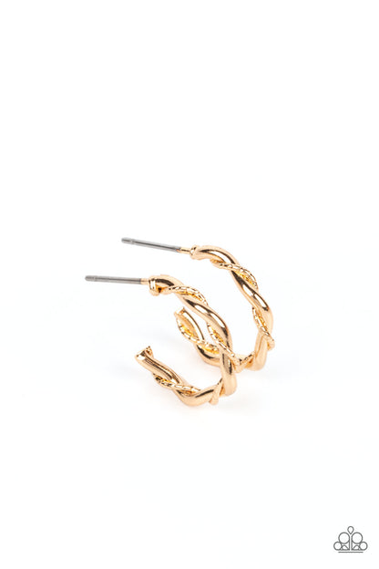 Irresistibly Intertwined Gold Hoop Earring - Paparazzi Accessories  A mismatched pair of glistening gold wires delicately twists into a classic hoop, creating a dainty peek of shimmer. Earring attaches to a standard post fitting. Hoop measures approximately 1/2" in diameter.  Sold as one pair of hoop earrings.