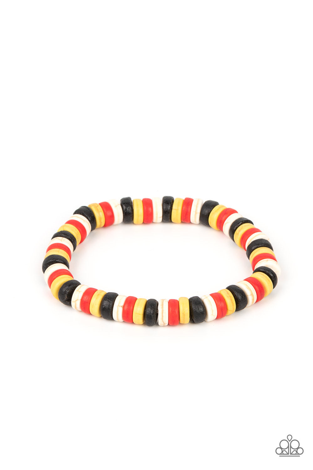 Rural Rocker Red Bracelet - Paparazzi Accessories  Imperfect black, yellow, red, and white stone discs are threaded along stretchy bands, creating a rustic pop of color around the wrist.  Sold as one individual bracelet.  P9SE-URRD-150XX
