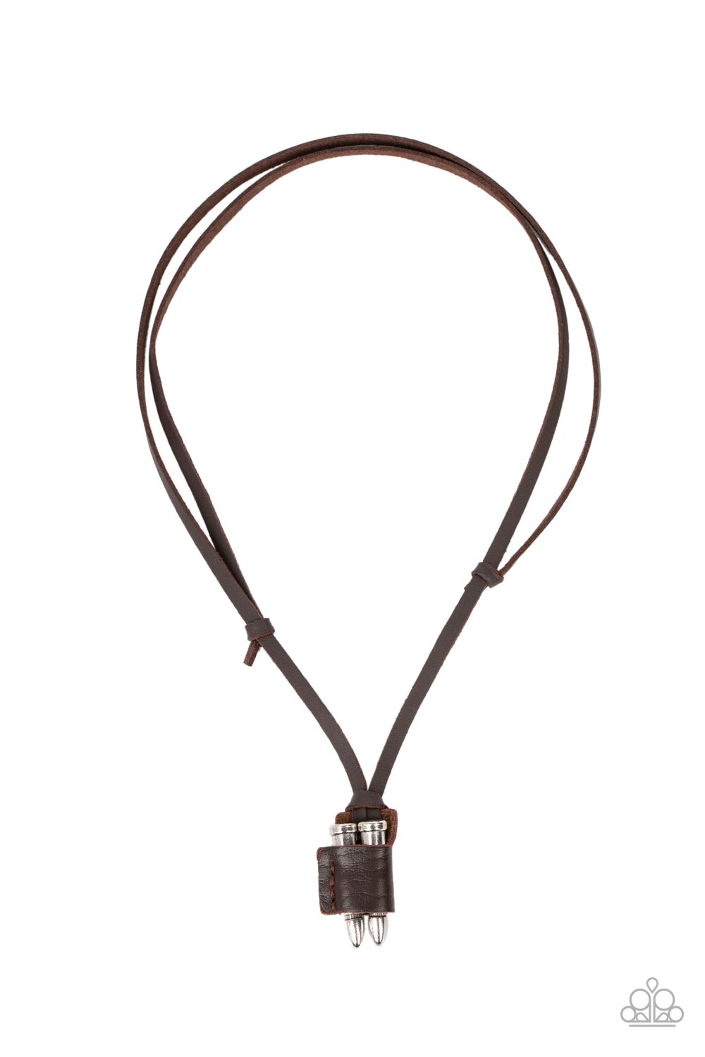 On the Lookout Brown Unisex Necklace - Paparazzi Accessories  A piece of brown leather wraps around a pair of silver bullets, creating an edgy urban pendant at the bottom of knotted strands of brown leather. Features an adjustable sliding knot closure.  Sold as one individual necklace.