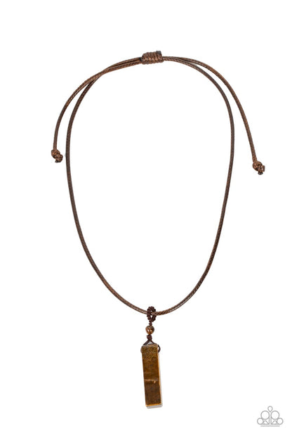 Comes Back ZEN-fold Brown Urban Necklace - Paparazzi Accessories  A rectangular tiger's eye stone pendulum is knotted in place below a dainty tiger's eye stone bead that glides along a shiny brown cord below the collar, resulting in an earthy pendant. Features an adjustable sliding knot closure.  Sold as one individual necklace.