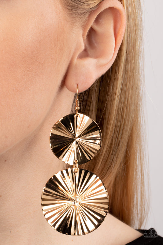 In Your Wildest FAN-tasy Gold Earring - Paparazzi Accessories  Crinkled with texture, folded gold discs radiate as they delicately link into a tactile lure for a stunning metallic finish. Earring attaches to a standard fishhook fitting.  Featured inside The Preview at GLOW! Sold as one pair of earrings.