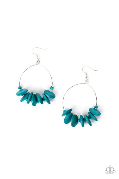 Surf Camp Blue Wooden Earring - Paparazzi Accessories  Separated by dainty Harbor Blue wooden beads, Harbor Blue wooden discs are threaded along a dainty wire hoop for a colorful tropical flair. Earring attaches to a standard fishhook fitting.  Sold as one pair of earrings.  P5SE-BLXX-315XX