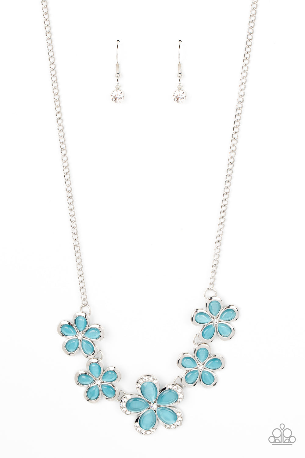 Garden Daydream Blue Necklace - Paparazzi Accessories  Bordered in silver accents, dainty blue cat's eye stone petals bloom from dainty white rhinestone centers, linking into ethereal blossoms below the collar. The centermost daisy is dotted in glassy white rhinestones, adding dazzling dimension to the floral fairytale. Features an adjustable clasp closure.  Sold as one individual necklace. Includes one pair of matching earrings.  P2RE-BLXX-375XX