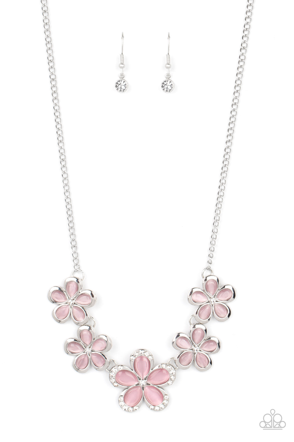 Garden Daydream Pink Necklace - Paparazzi Accessories  Bordered in silver accents, dainty pink cat's eye stone petals bloom from dainty white rhinestone centers, linking into ethereal blossoms below the collar. The centermost daisy is dotted in glassy white rhinestones, adding dazzling dimension to the floral fairytale. Features an adjustable clasp closure.  Sold as one individual necklace. Includes one pair of matching earrings.  P2RE-PKXX-361XX