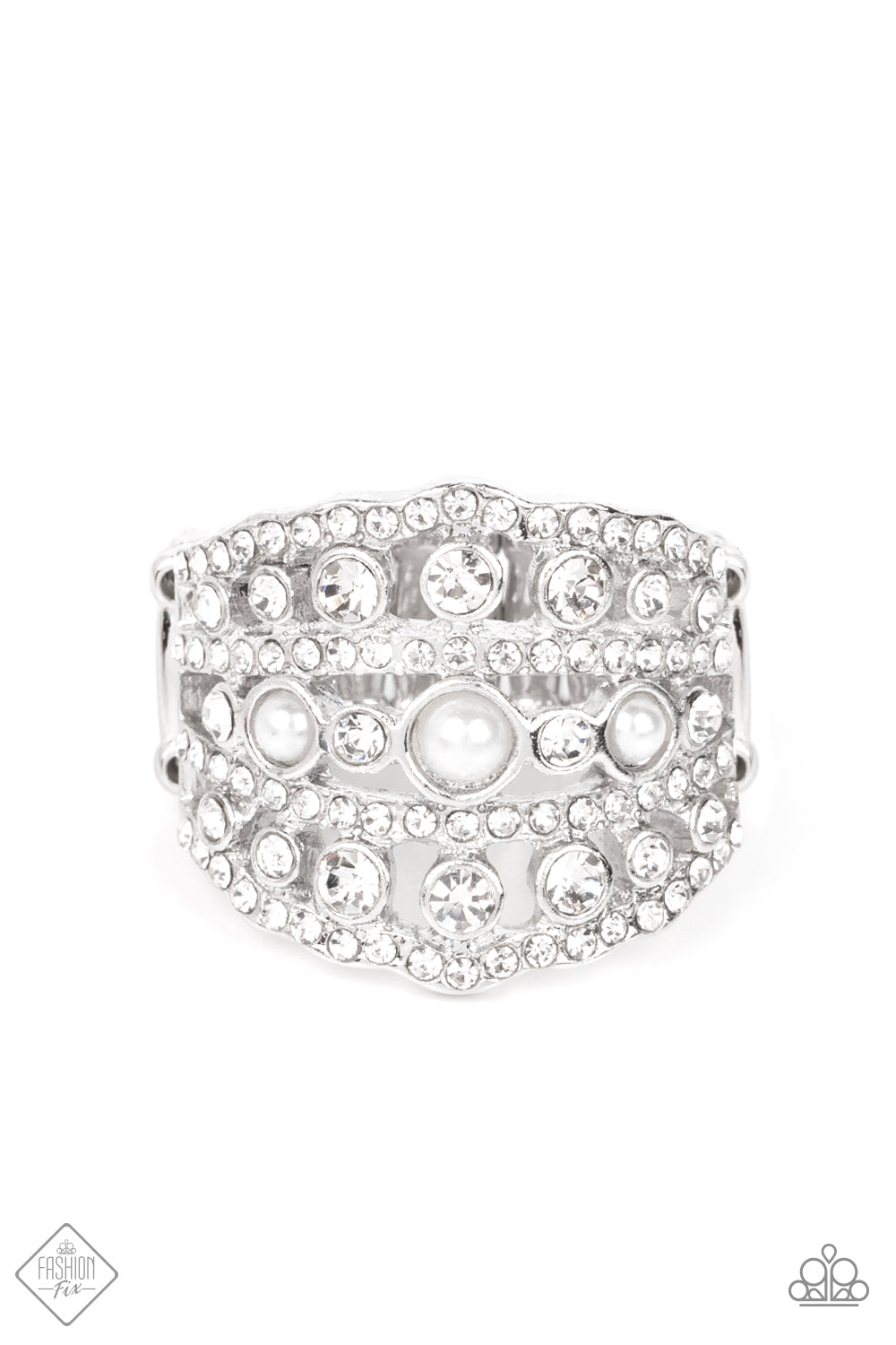 Sailboat Bling White Ring - Paparazzi Accessories  Layers of dainty silver bands, encrusted with sparkling white rhinestones, are accented with a trio of petite pearls on the centermost band. The stacked layers sweep across the finger, making an exquisite centerpiece. Features a stretchy band for a flexible fit.  Sold as one individual ring.